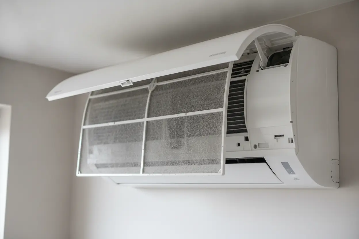Filtre à air de climatisation fortement encrassé avec poussières et dépôts, unité intérieure Nîmes avant entretien