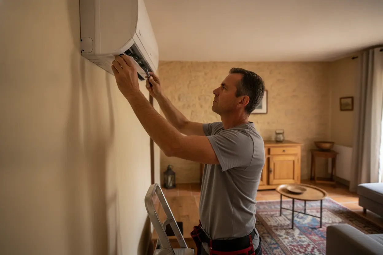 Pose d'un climatiseur monosplit Daikin dans un salon à Nîmes